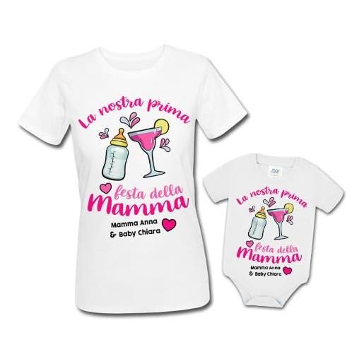 Gattablu pacchetto coppia t-shirt maglietta donna e body bimbo o bimba prima festa della mamma!Personalizzato con nomi!