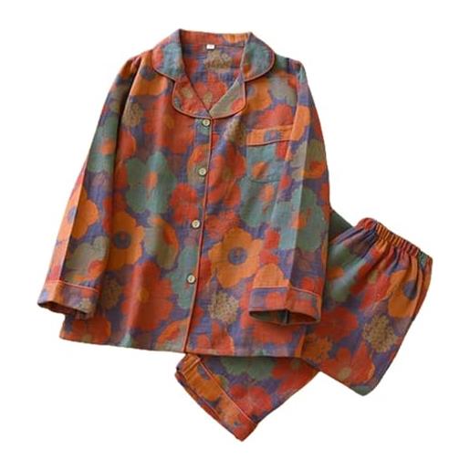 GOPROLY pigiama puro floreale colorato con bavero a foglia di ginkgo, set da salotto vintage con risvolto a foglie, top e pantaloni, c, m