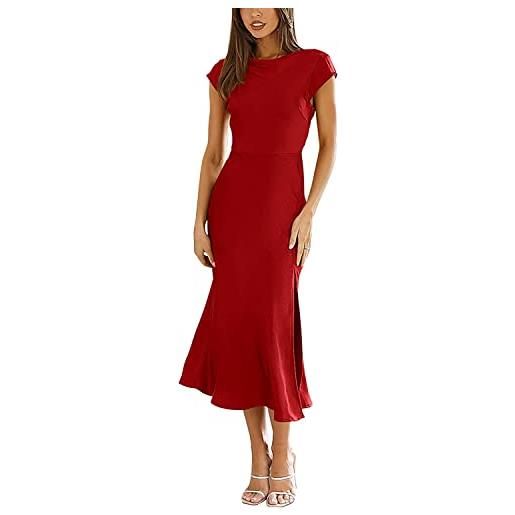 Yeooa vestito elegante in raso a maniche corte sexy e senza schienale, di colore unito per donna ideale per un cocktail estivo con spacco laterale (rosso, xl)