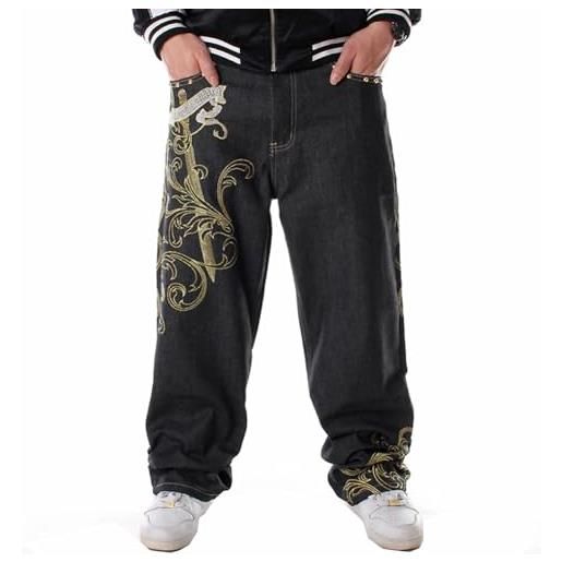 Ruiatoo jeans da uomo, alla moda, da skateboard, con ricamo a serpente, jeans larghi, stile hip hop, colore nero, nero, 46