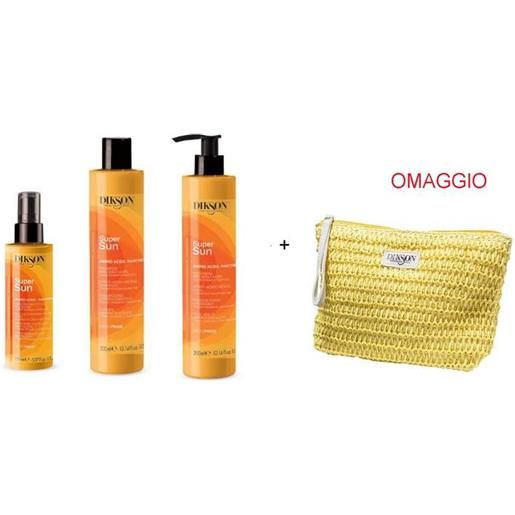 DIKSON kit 4pz trattamento super sun capelli shampoo + maschera + spray + pochette diks