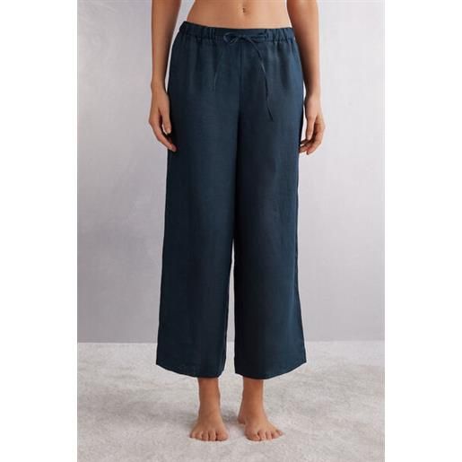 Intimissimi pantalone lungo con coulisse in tela di lino blu
