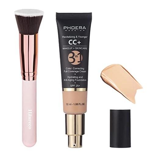 Hilareco phoera cc cream foundation, phoera full coverage foundation color correcting cream, anti aging hydrating serum with matte natural lightweight finish, 1.08 floz (120 nude)