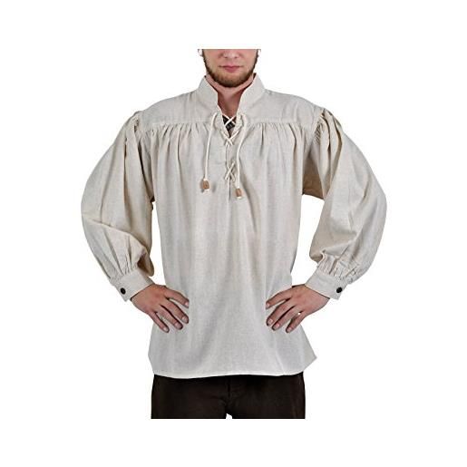 Elbenwald - camicia medievale a collo alto, a maniche lunghe, con lacci, in cotone e lino, colore naturale naturale xxl
