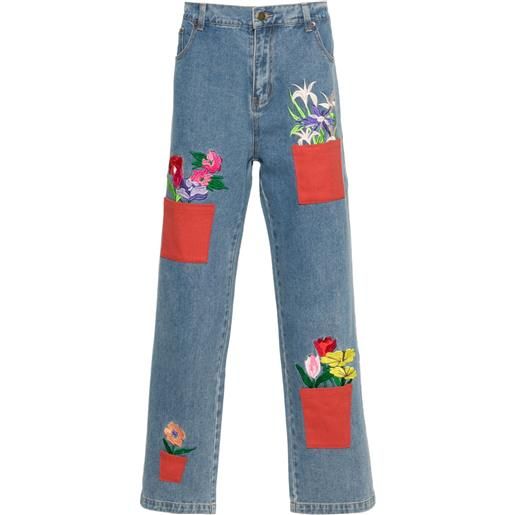 KidSuper flower-pots embroidered tapered jeans - blu