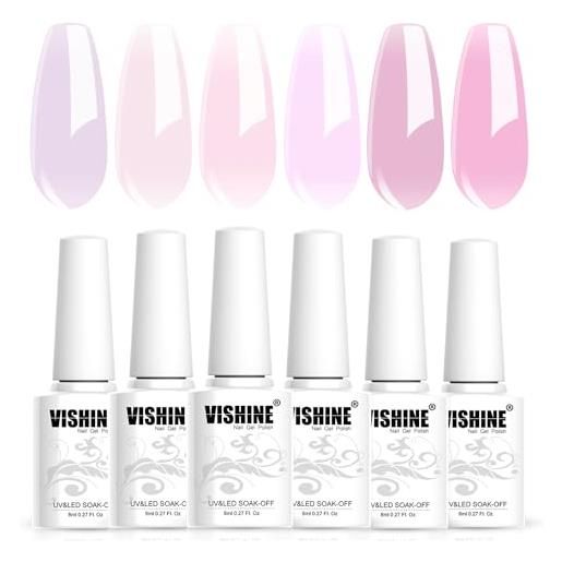 Vishine gel polish set jelly pink collection of 6 transparent natural colors sheer pink milky mauve purple french manicure led uv gel nail polish soak off curing requires home salon 8ml