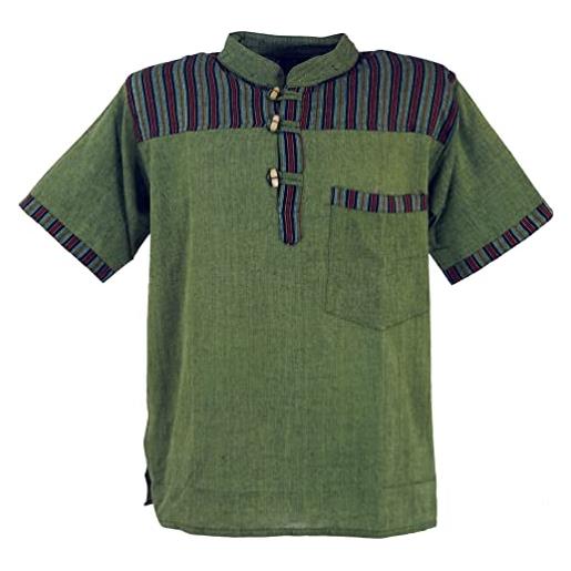 GURU SHOP guru-shop, camicia da pescatore nepalese, camicia a righe goa hippie manica corta, oliva, cotone, dimensione indumenti: l, camicie