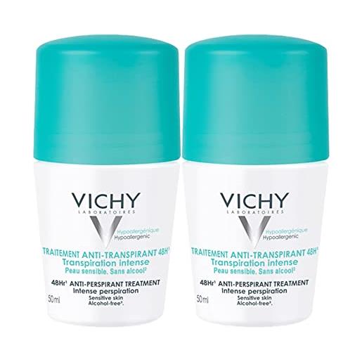 Vichy deo roll-on anti transpirant 48h - confezione doppia per pelli sensibili, senza alcool, 2 x 50 ml
