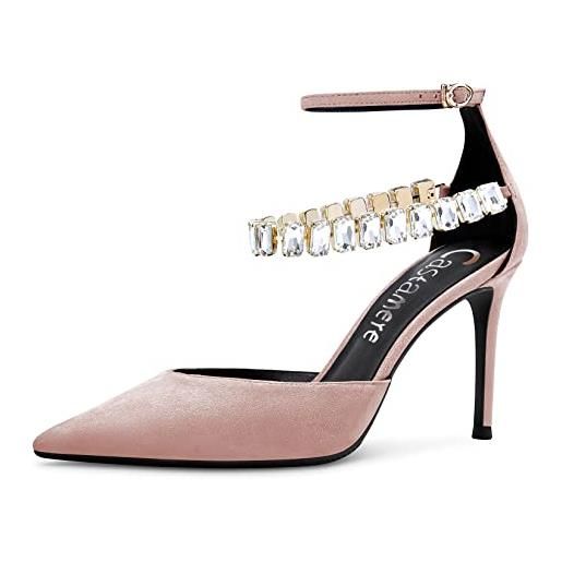 Castamere donna spillo alto high tacco heel cinturino alla caviglia pumps diamante cristallo a punta sandali 8 cm heels dress scarpe beige scamosciato 44 eu