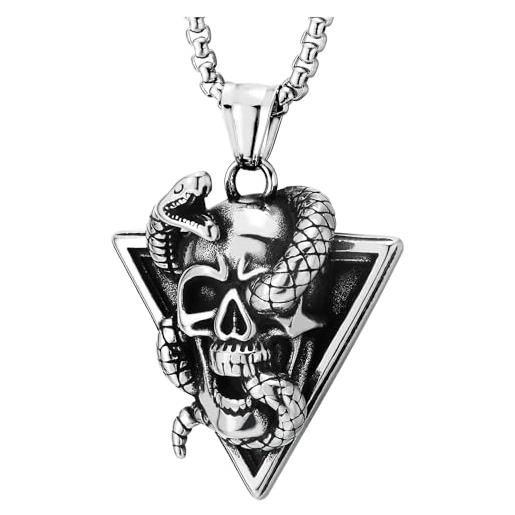 COOLSTEELANDBEYOND triangolo serpente cranio pendente, uomo acciaio inossidabile collana, punk rock, catena del grano 75cm
