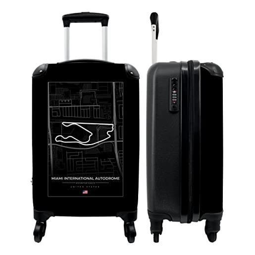 NoBoringSuitcases.com® valigia trolley bagaglio a mano valigette da viaggio piccole con 4 ruote - formula 1 - gara - autodromo internazionale di miami - circuito - bianco e nero - bagaglio a bordo