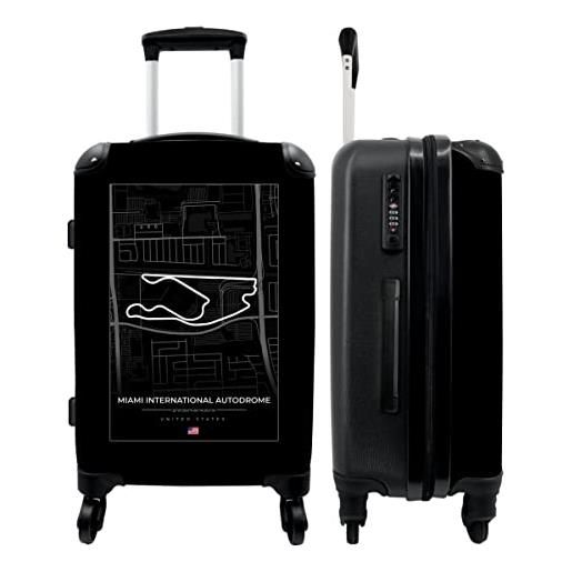 NoBoringSuitcases.com® valigia grande - formula 1 - racing - miami international autodrome - circuit - bianco e nero - trolley rigido 4 ruote - 90 litri - valigia da viaggio - 66 cm