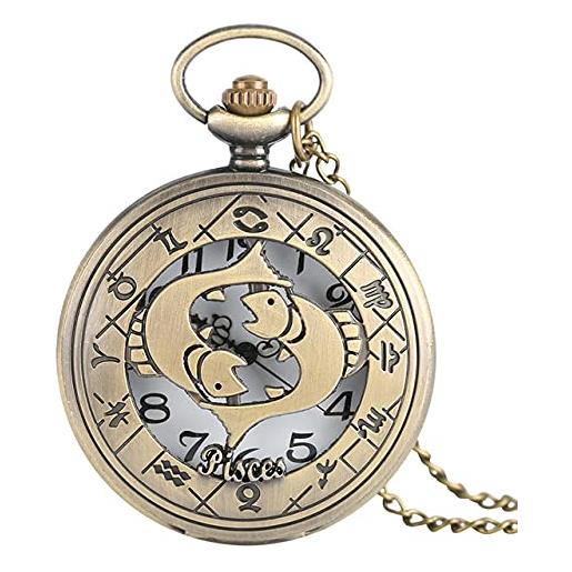 GIPOTIL 12 constellation astrology zodiac retro pocket watch bronze necklace pendant mens women hollow flip cover quartz christmas gifts, pisces