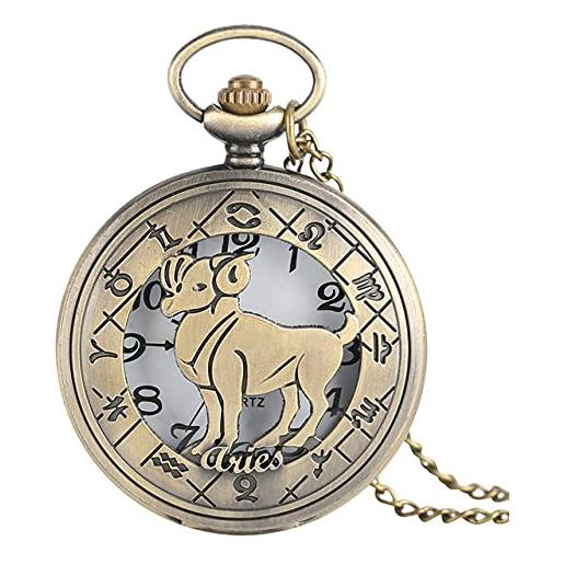 GIPOTIL 12 constellation astrology zodiac retro pocket watch bronze necklace pendant mens women hollow flip cover quartz christmas gifts, aries