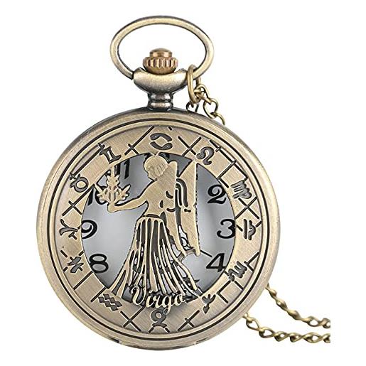 GIPOTIL 12 constellation astrology zodiac retro pocket watch bronze necklace pendant mens women hollow flip cover quartz christmas gifts, virgo