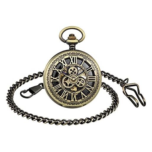 SUPBRO orologio da tasca meccanico manuale per uomo donna quadrante numeri romani traforato bronzo