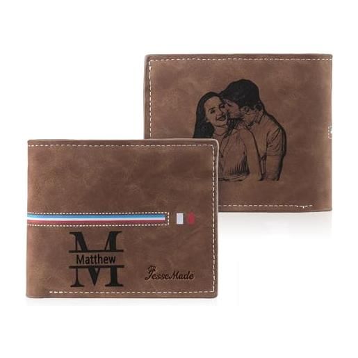 Glimmerday portafoglio bifold in pelle con nome personalizzato, immagine di schizzo incisa personalizzata, regalo perfetto per la festa del papà per papà, uomini(marrone01)