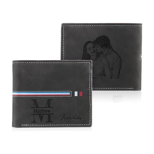Glimmerday portafoglio bifold in pelle con nome personalizzato, immagine di schizzo incisa personalizzata, regalo perfetto per la festa del papà per papà, uomini(nero)
