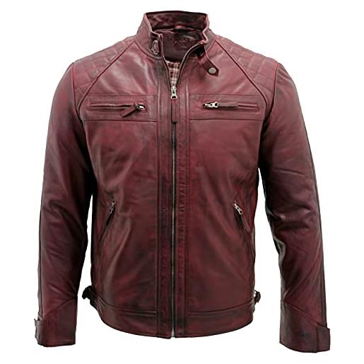 Infinity Leather giacca classica da uomo in pelle bordeaux trapuntata vintage retrò da motociclista l