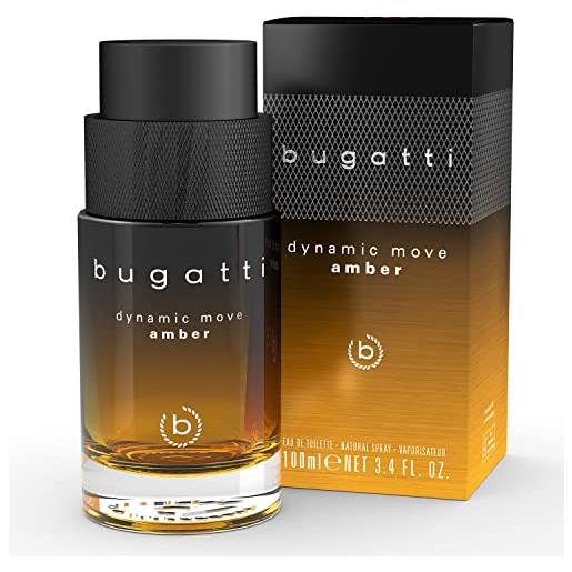 Bugatti profumo da uomo dynamic move amber 100 ml, profumo caldo e fumoso, combinazione sensuale di cannella, tabacco e cipriolo, dinamico, polveroso e dolciastro