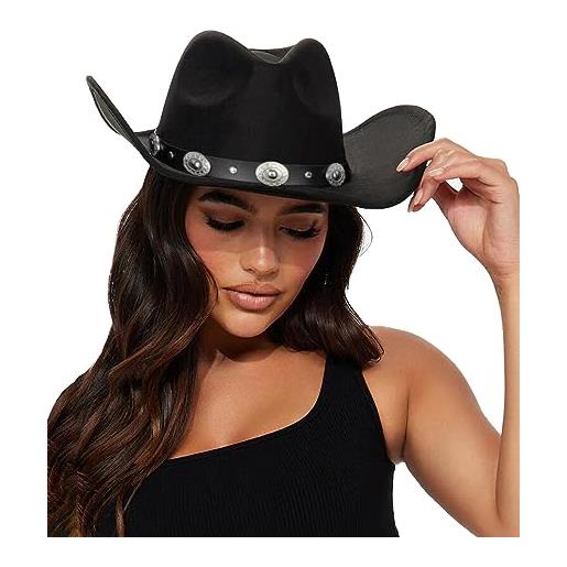 Eohak cappello da cowboy da donna con borchie, pizzicato, a tesa larga, cappello in stile gaucho con fibbia per cintura (m/l), nero 3, m