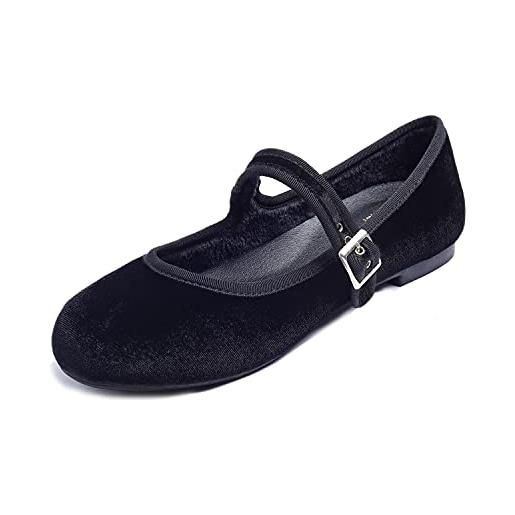 Feversole scarpe basse classiche da donna décolleté eleganti mary jane con fibbia morbida scarpe da ballo per balletto per donna velvet nero 40 eu