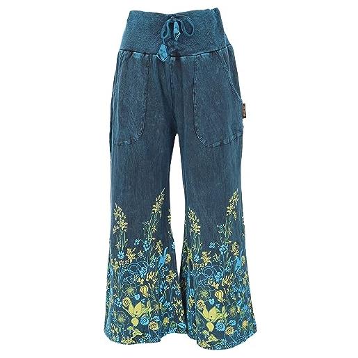 GURU SHOP palazzo, pantaloni in cotone, pantaloni hippy con fiori, pantaloni a zampa, da donna, in cotone, blu, 44