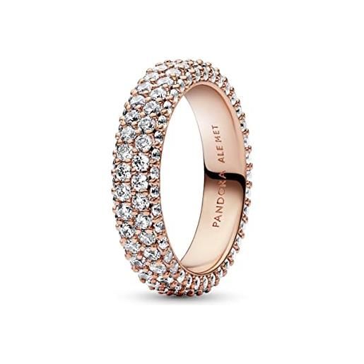 Pandora timeless anello placcato in oro rosa 14k con doppia fila con pavé e zirconi cubici trasparenti, 58