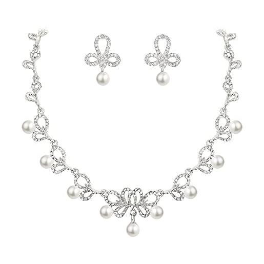 Clearine matrimonio sposa gioielli per la sposa cristalli simulato perla filigrana cluster collana orecchini set trasparente argento-fondo