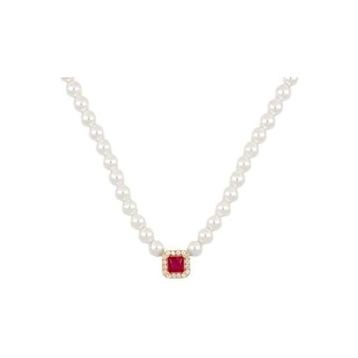 SZ Watches & Jewelry collana donna in filo di perle da 4 mm con pietra quadrata, filo di perle con zircone quadrato, ipoallergenica e antigraffio - idea regalo san valentino (placcato oro - rosso)