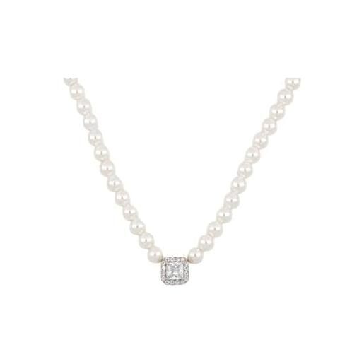 SZ Watches & Jewelry collana donna in filo di perle da 4 mm con pietra quadrata, filo di perle con zircone quadrato, ipoallergenica e antigraffio - idea regalo san valentino (argento - bianco)