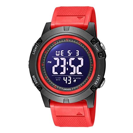 SMAEL orologio uomo digitale, orologio sportivo uomo 50m impermeabile digitale militare orologi da polso con retroilluminazione a led/timer/allarme, rosso