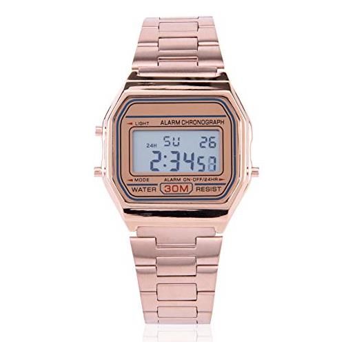 Dioche orologio da polso, orologio da polso rettangolare con retroilluminazione a led digitale a 3 colori con cinturino in acciaio inossidabile oro rosa
