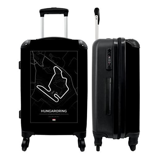 NoBoringSuitcases.com® valigia grande - circuito - sport - hungaroring - f1 - bianco e nero - chiusura a combinazione tsa - trolley rigido 4 ruote - 90 litri - valigia da viaggio - 66 cm