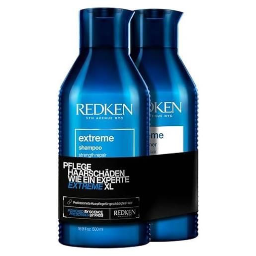 Redken set xl per la cura dei capelli fragili e danneggiati, anti rottura dei capelli, con rete proteica interlock, shampoo extreme 500 ml e balsamo da 500 ml