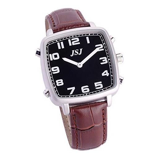 VISIONU orologio parlante in spagnolo, orologio da polso quadrato, quadrante nero, marrone cinturino in pelle tssb-1814s, striscia