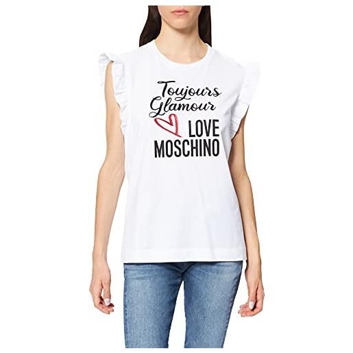 Love Moschino sleeveless t-shirt with small ruffles around the armholes, glitter print of seasonal slogan and logo, bianca, 52 donna