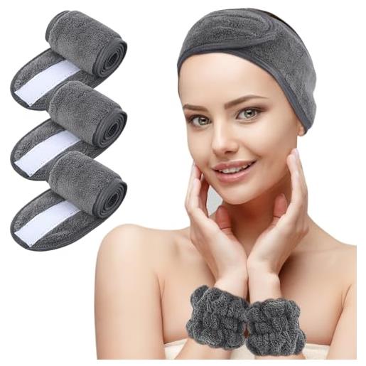 KinHwa fascia cosmetica in spugna con 2 braccialetti spa, fascia protettiva per capelli con chiusura in velcro, per trattamenti cosmetici, protezione per capelli durante il trucco, lavabile (3