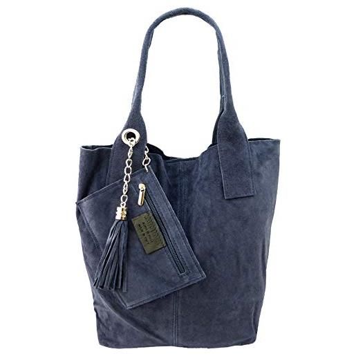 Freyday borsa shopper da donna in vera pelle, con borsa per gioielli, in diversi colori, stile metallizzato s03, pelle scamosciata blu scuro. , large