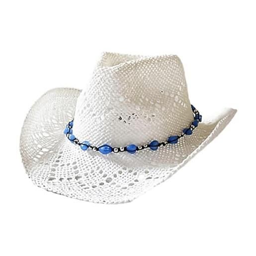 SHINROAD cappello da cowboy da donna in paglia da spiaggia, pieghevole, regolabile, design orientale con perline, decorazione estiva, protezione solare a tesa larga, bianco, s