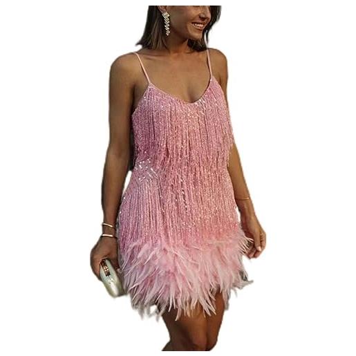 AYAZER nuovo mini abito sexy in nappa con paillettes e piume abito da donna con spalline sottili e cuciture-bianco lyq63-s