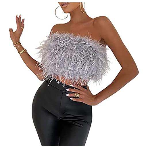 Yokbeer top da donna sexy in piuma y2k top corto senza spalline in pelliccia sintetica con zip per clubwear da festa (color: gray, size: s)