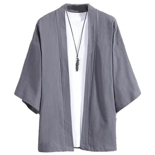 Yeooa cardigan in lino da uomo kimono giapponese cardigan casual allentato giacca scialle camicia con risvolto cardigan leggero e traspirante in cotone a sette maniche (grigio, 3xl)