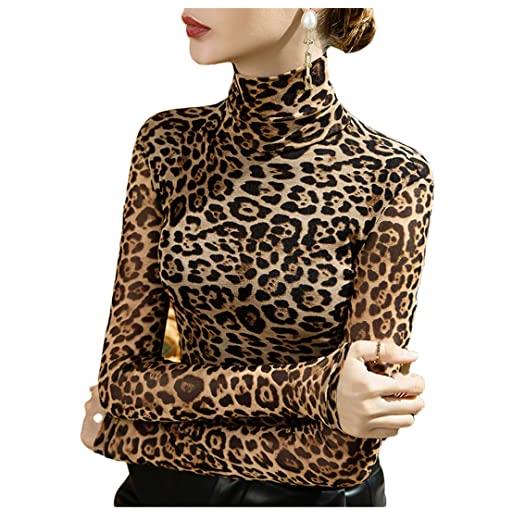Pohullan top in maglia elasticizzata aderente da donna con stampa leopardata a collo alto autunno inverno