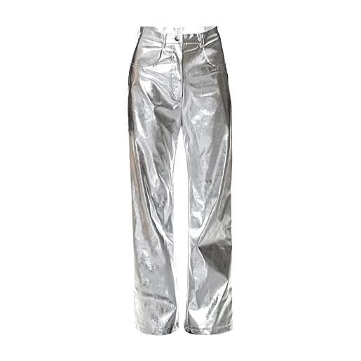 NewL pantaloni a gamba dritta metallici argento per donna a vita alta scintillanti pantaloni elastici in vita streetwear clubwear costumi, argento, l