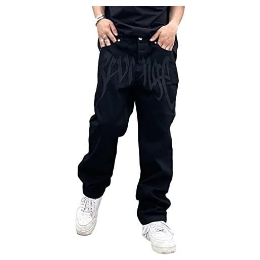 Sawmew jeans da uomo pantaloni in denim con stampa a lettere pantaloni in denim patchwork pantaloni in denim jeans larghi hip-hop streetwear vintage y2k a gamba dritta (color: black, size: m)