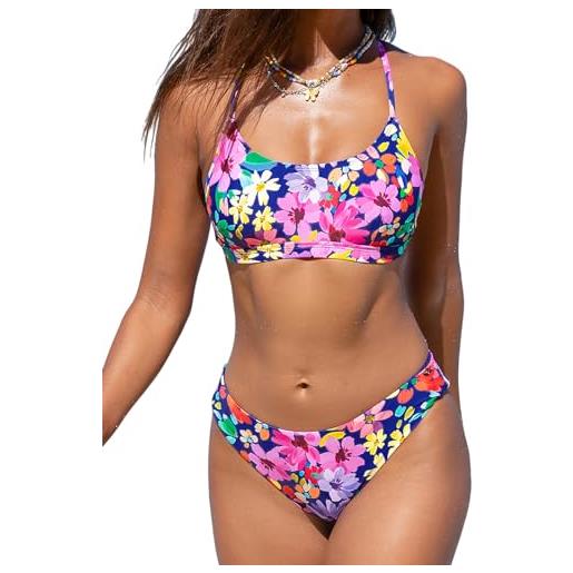 CUPSHE bikini da donna con scollo a u, bikini a vita media, reversibile, motivo floreale, costume da bagno in due pezzi, motivo floreale rosa, xl