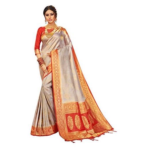 STYLE INSTANT sarees per le donne banarasi art silk l indiano rakhi matrimonio diwali regalo sari con camicetta non cucita, grigio, etichettalia unica