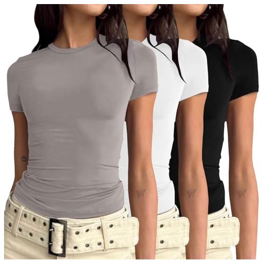 Generic 2024 - ai womens 3 pezzi camicie a maniche corte basic going out top slim fit crop top misto cotone t-shirt donna, caff, l