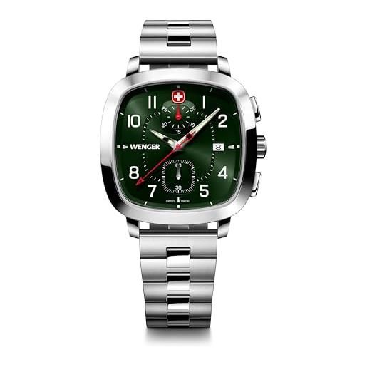 WENGER cronografo sportivo vintage da uomo (40 mm) quadrante verde/bracciale in acciaio inossidabile 01.1933.112